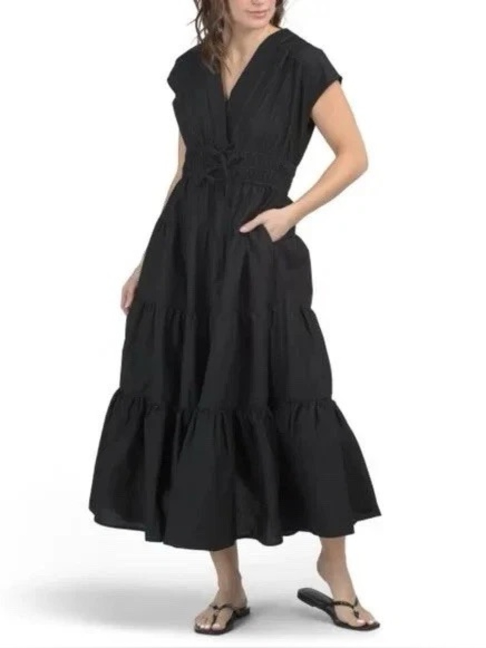 Nicole Miller Black Tiered Maxi Dress with Smocked Waist 100% Cotton